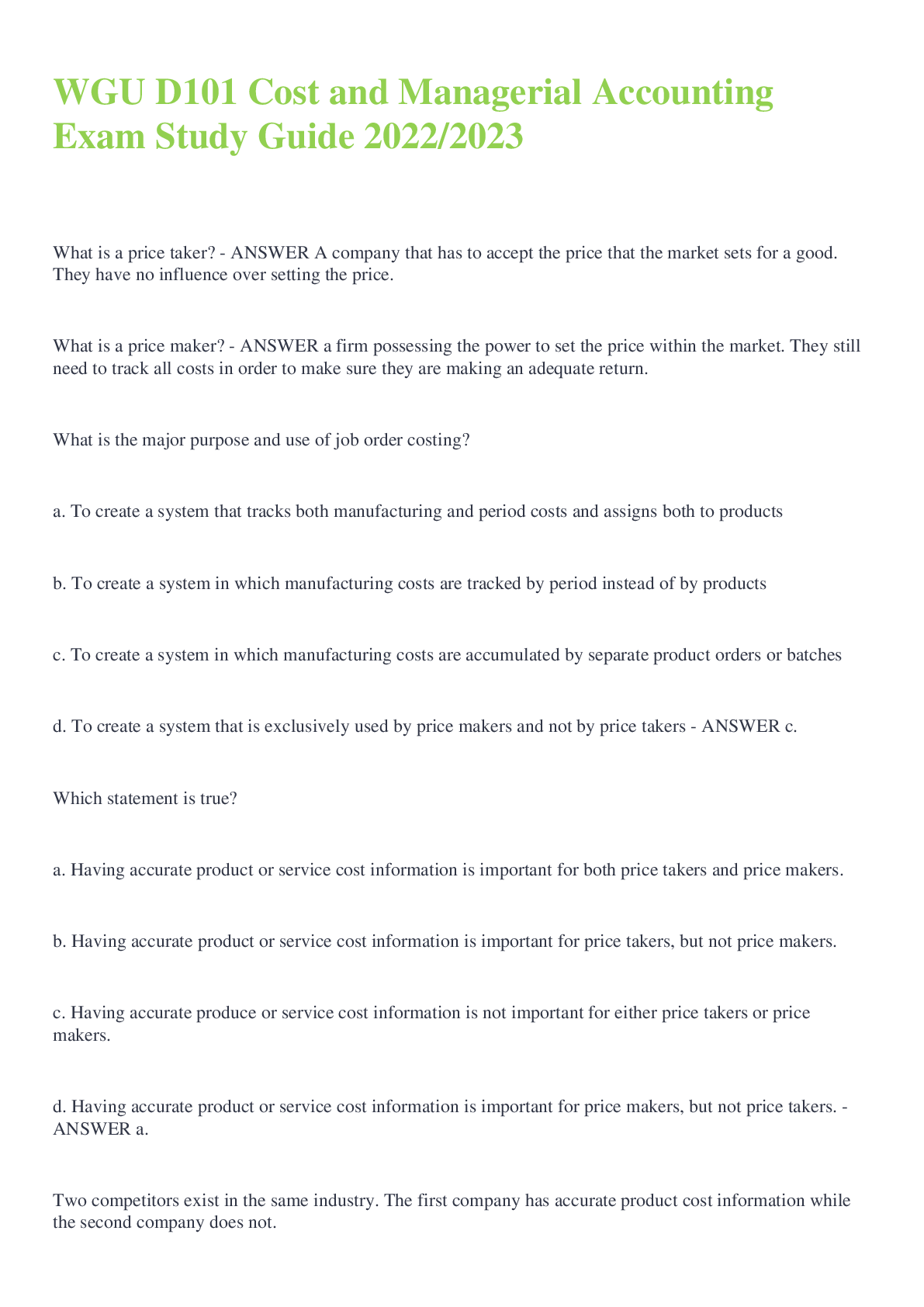 WGU D101 Cost and Managerial Accounting Exam Study Guide 2022/2023